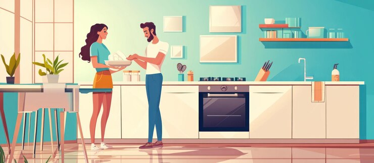 PSD couple preparing food in modern kitchen