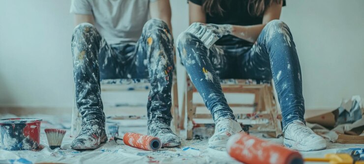 PSD couple relaxing after home renovation paint splattered clothes home improvement project
