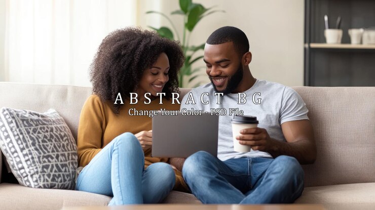 PSD couple relaxing on couch with laptop and coffee