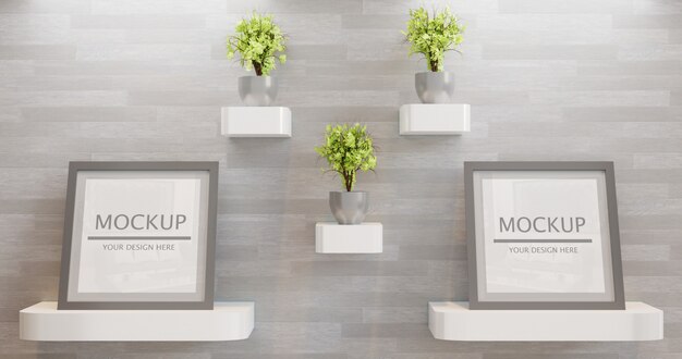 PSD couple square frame mockup with plants decoration on wall