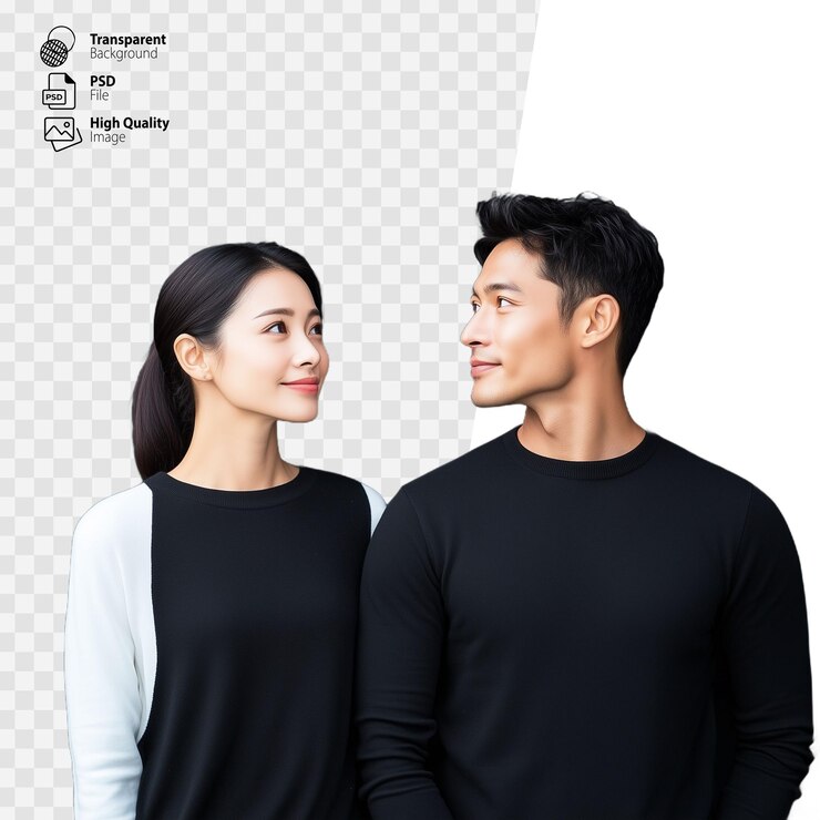 PSD couple standing side by side looking at each other with smiles on a transparent background