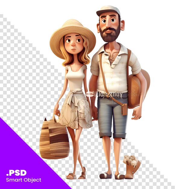 Couple of tourists with a straw hat and a bag on a white background psd template