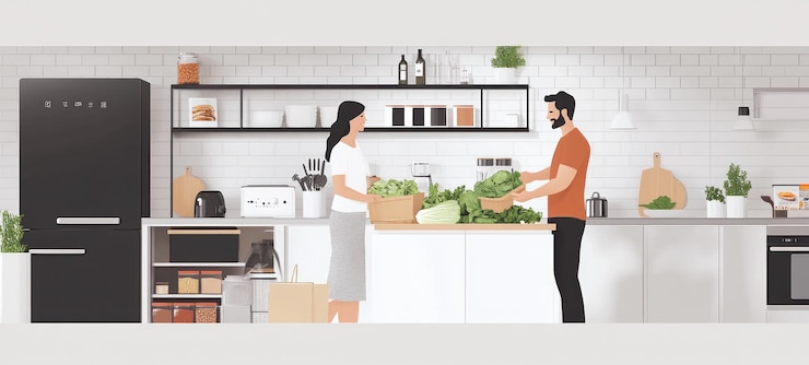 PSD couple unpacking groceries in modern kitchen