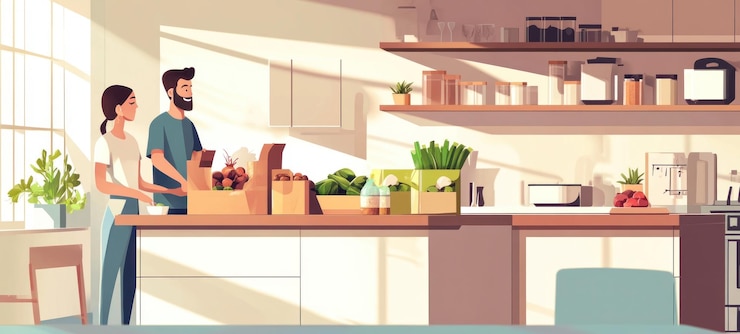 PSD couple unpacking groceries in sunny kitchen