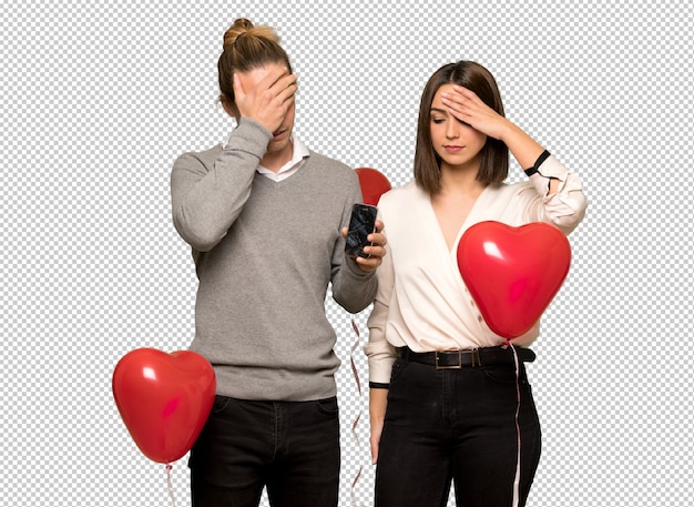 Couple in valentine day with troubled holding broken smartphone