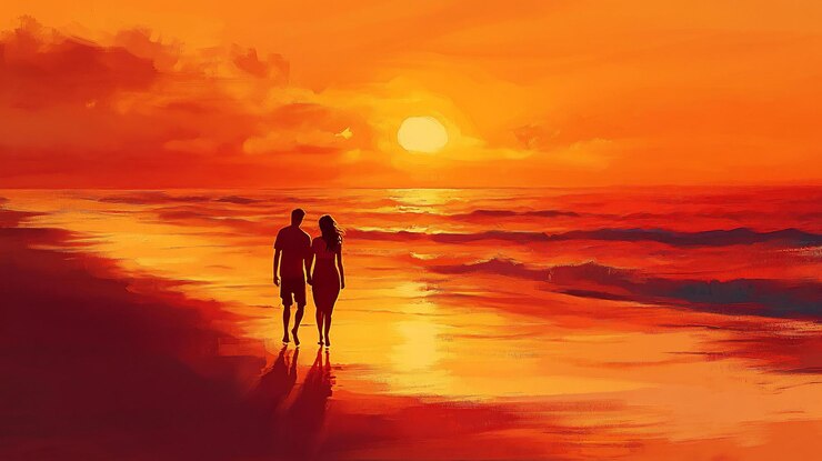 PSD couple walking on beach at sunset