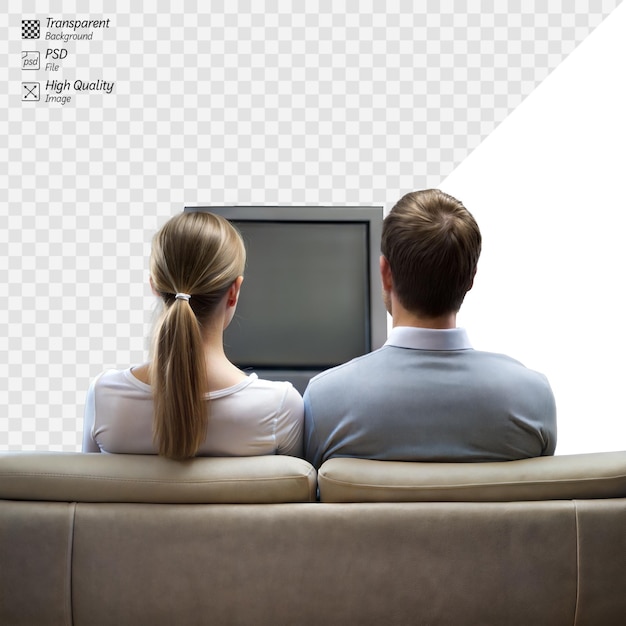 PSD couple watching tv together sitting on a couch viewed from behind