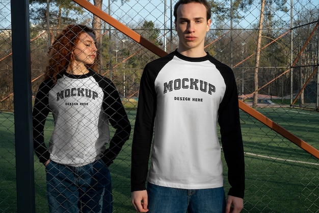 Couple wearing raglan tshirt mockup