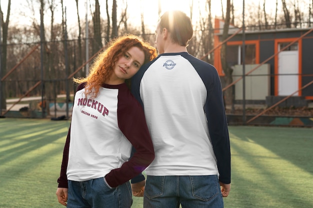 PSD couple wearing raglan tshirt mockup