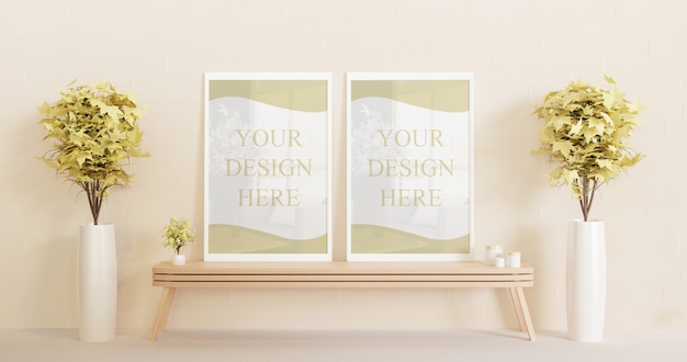 couple white frame mockup standing on the wooden table with decorative plants