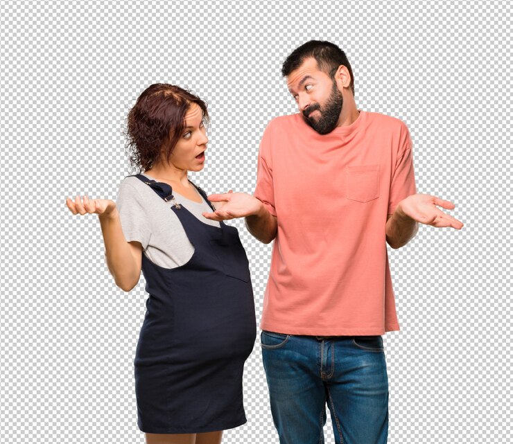 PSD couple with pregnant woman having doubts and with confuse face expression