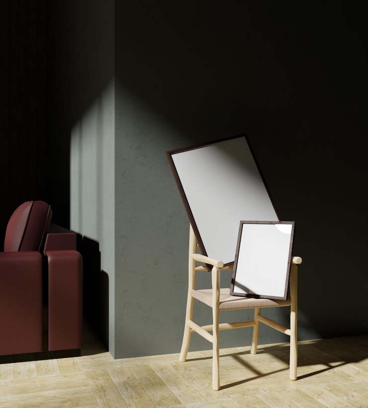 PSD a couple of wooden frame mockup poster with unique position on the wooden chair in the living room