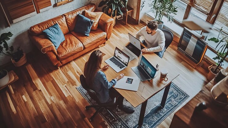 PSD couple working together on laptops at a wooden table in a cozy home office