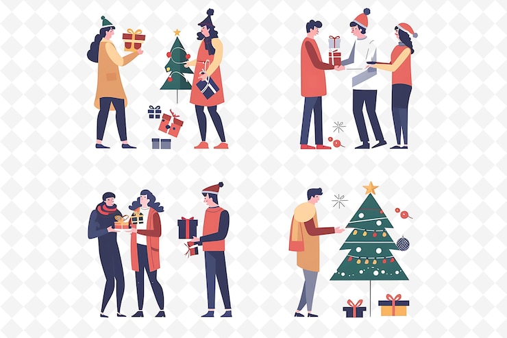PSD couples exchanging gifts on christmas design is heartwarming flat illustration culture character