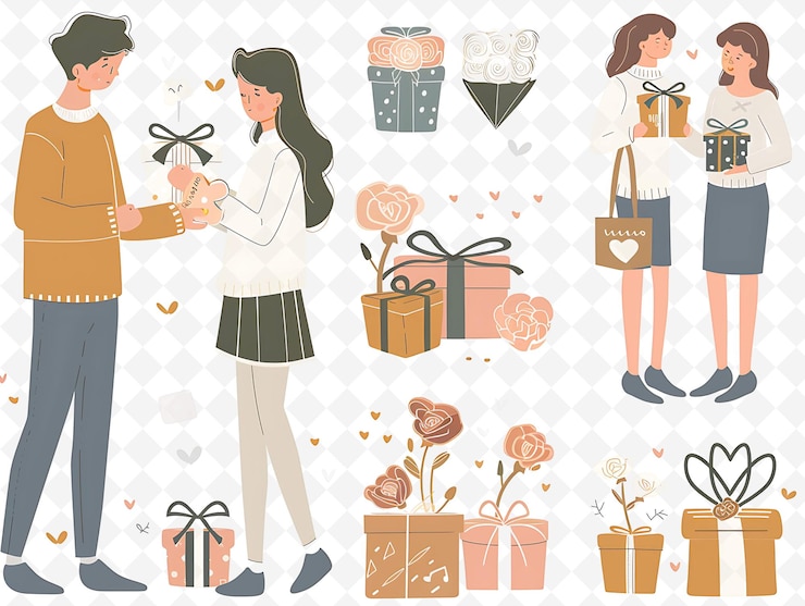 PSD ホワイトデーの際にプレゼントを交換するカップル デザインはロマンチックなフラットイラスト 文化の性格