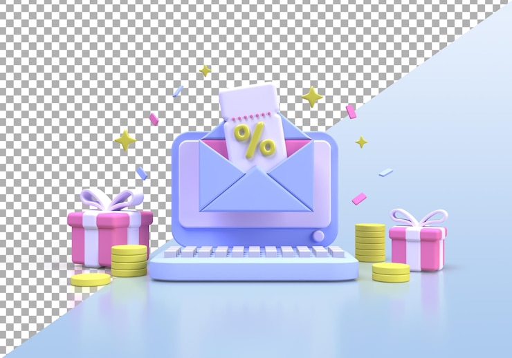 PSD coupon with laptop and a percentage sign for a bargain purchase online business idea concept background