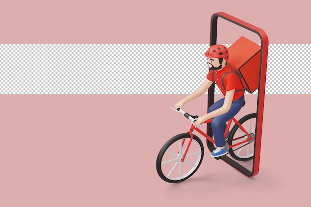 Corriere consegna biciclette uomo con cassetta dei pacchi sul retro in rendering 3d