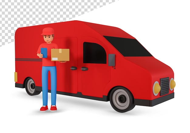 Courier in cap stand near cargo van hold parcel and checking cell phone 3d illustration