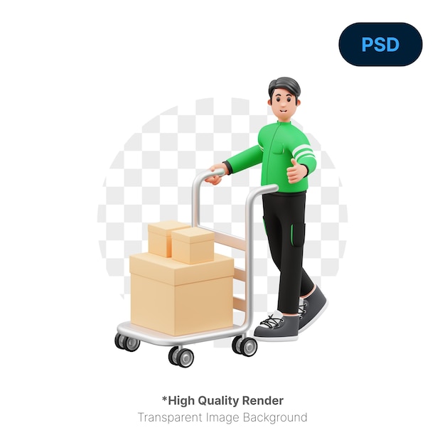 PSD courier carrying package using trolley and giving thumbs up 3d icon premium psd