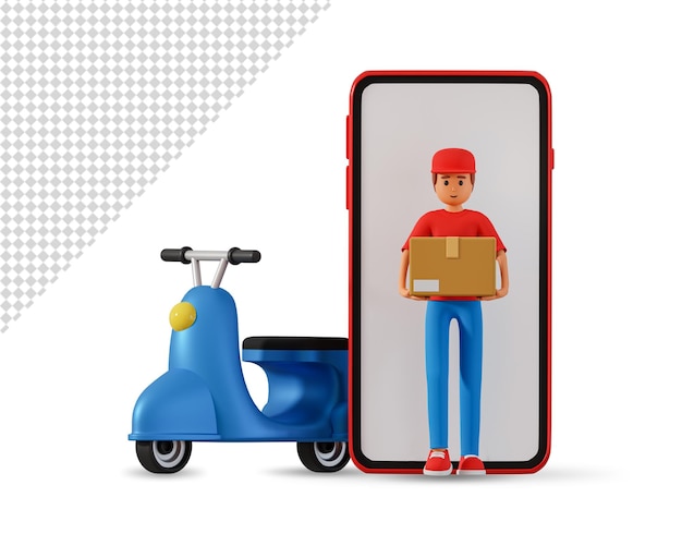 Courier delivery concept with man standing near big smartphone and motor scooter and hold box