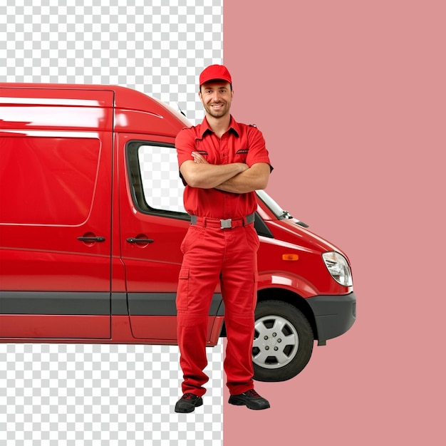 PSD courier delivery man in red dress standing with red courier van on transparent background psd