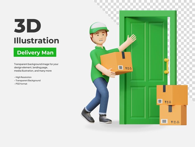 PSD courier delivery man sending package box in front of door 3d cartoon illustration