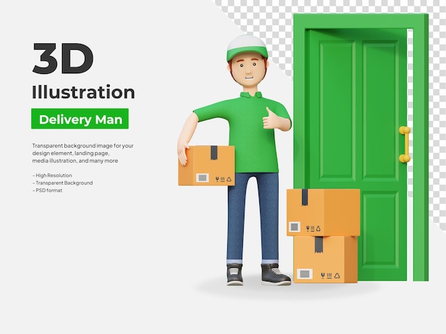 PSD courier delivery man sending package box in front of door 3d cartoon illustration