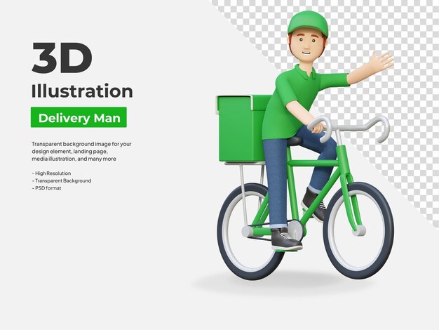 PSD courier delivery package box riding bicycle 3d cartoon illustration