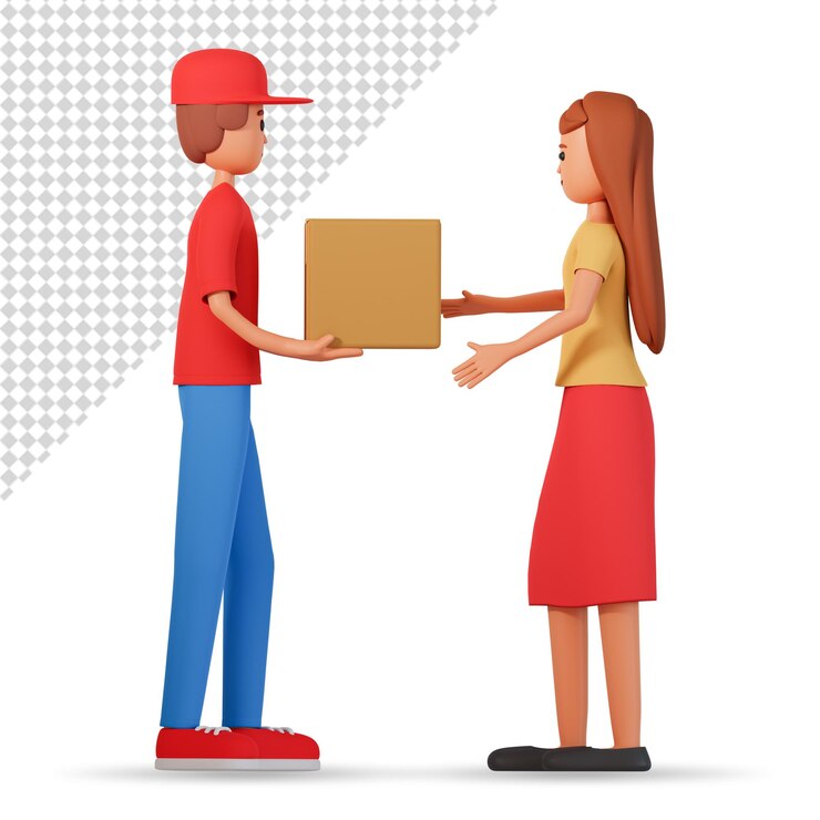 PSD courier handling parcel to customer woman 3d illustration