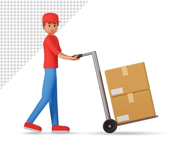 Courier man pushing handcart with boxes 3d illustration