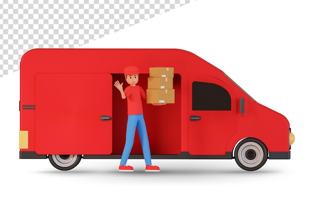 Corriere che cammina vicino alla scatola di stiva del furgone e saluta con l'altra mano illustrazione 3d