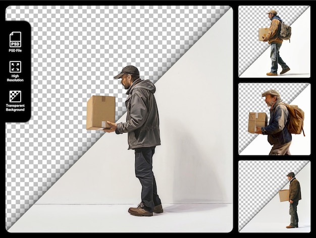 PSD courier with package poses isolated on transparent background