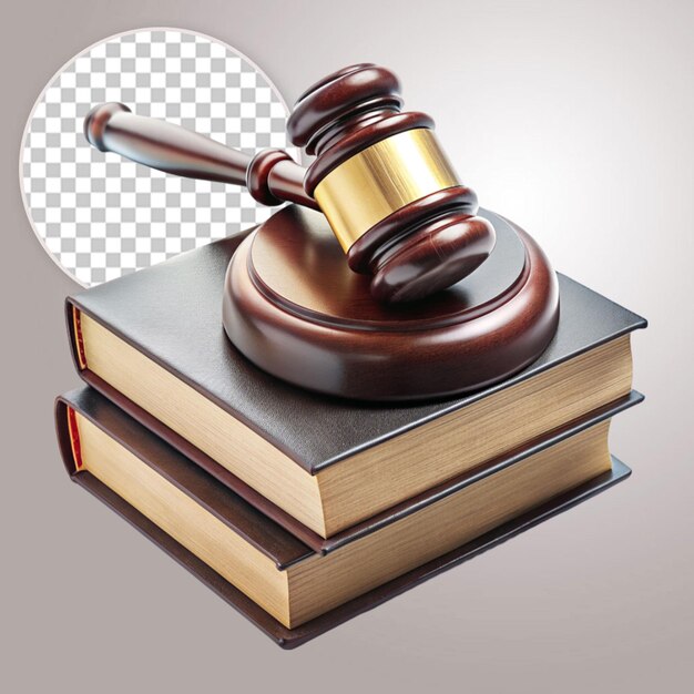 PSD court hammer and books judgment and law concept on transparent background