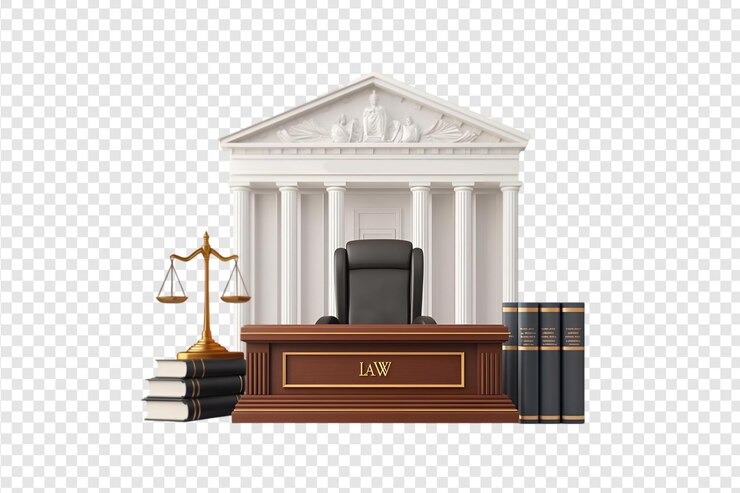 PSD courtroom judge bench with scales of justice isolated on a transparent background