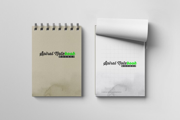 PSD cover en opened spiral notebook mockups