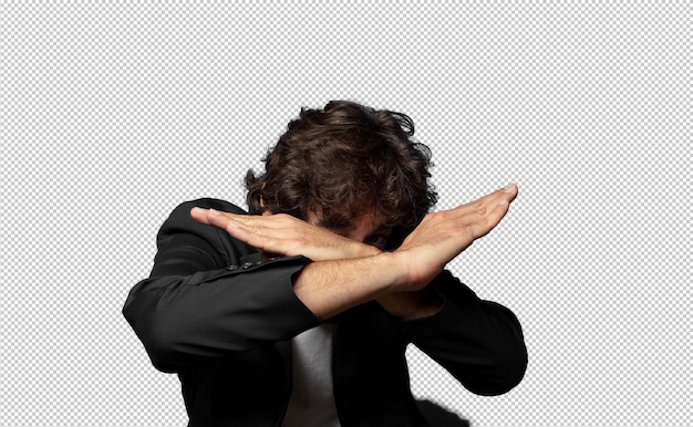 covering face with hand and putting other hand up front to stop camera refusing photos or pictures