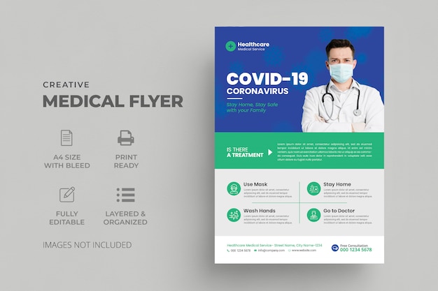 PSD modello di volantino covid-19 coronavirus con poster di assistenza medica medica