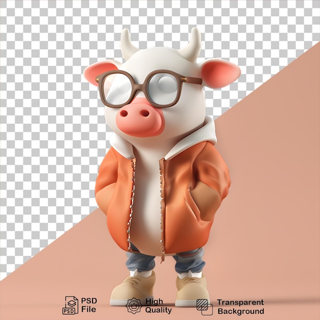 PSD Мультфильм коровы в куртке, изолированный на прозрачном фоне, включает в себя png-файл