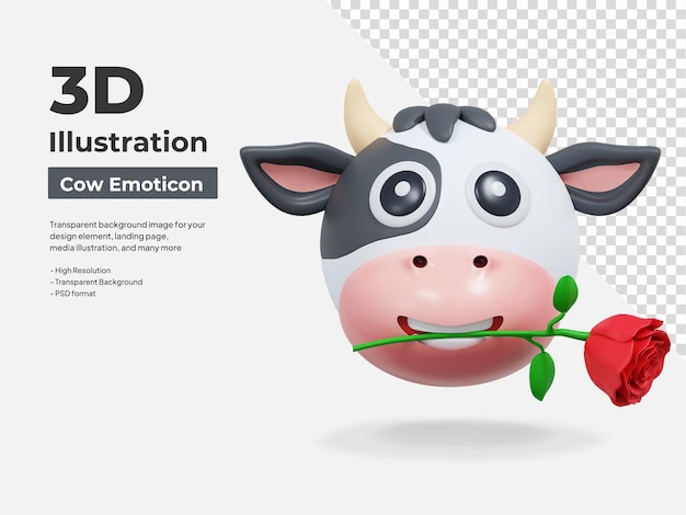 PSD cow holding rose flower emoticon 3d illustration