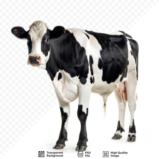 PSD cow isolated on white isolated background standing upright black and white full length and front view and copy space