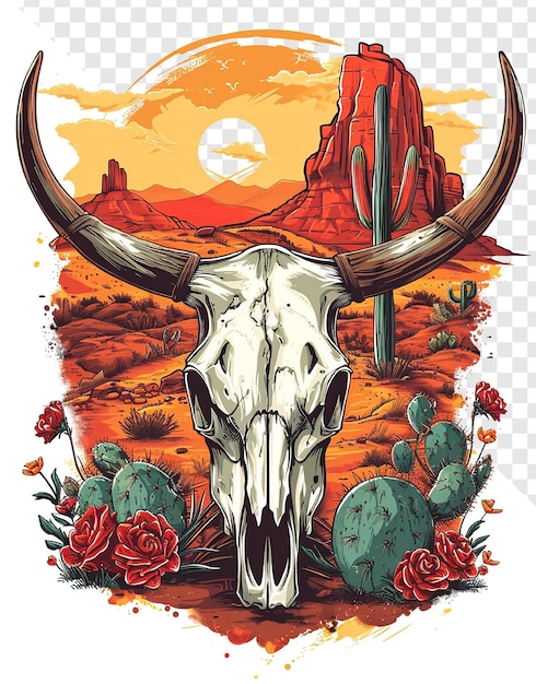 PSD cow skull cowboy hat cactus lyco art style desert roses