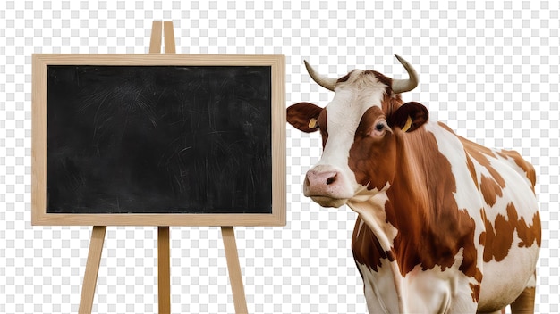 A cow stands next to a blackboard with a blank board in the background