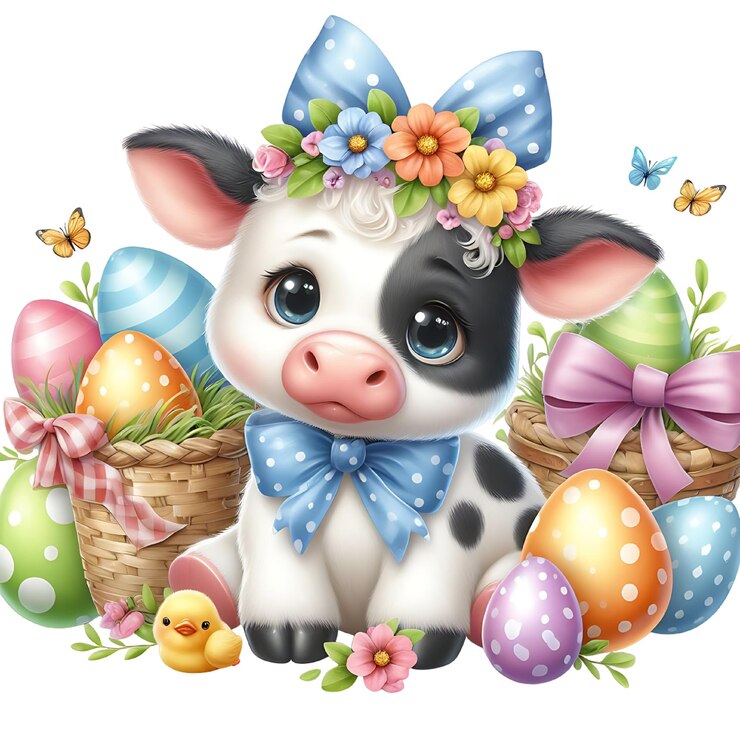 a cow with a bow on its head and flowers on the front