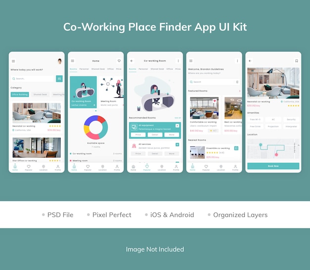 Kit dell'interfaccia utente dell'app coworking place finder