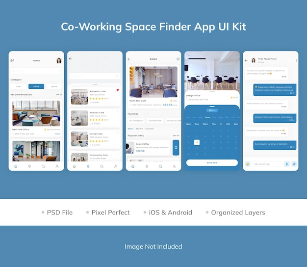 PSD kit interfaccia utente dell'app coworking space finder