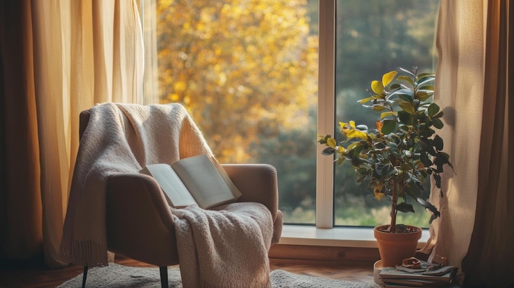 PSD cozy armchair with a blanket and a book near the window with autumn foliage outside