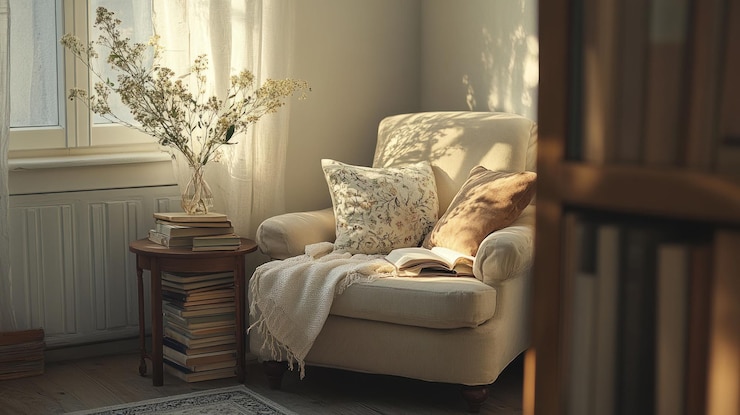 PSD cozy armchair with books throw and flowers in sunlit room