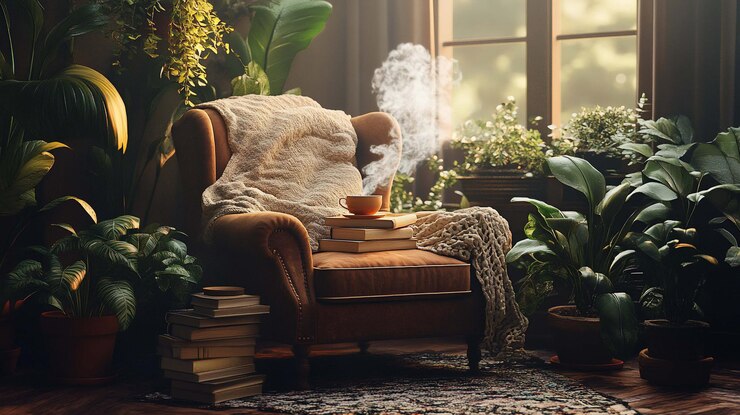 PSD cozy armchair with steaming cup of tea surrounded by plants and books in a sundrenched room