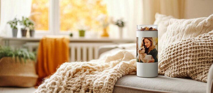 PSD cozy autumn scene with personalized photo tumbler on comfy couch