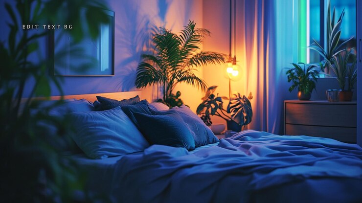 PSD cozy bedroom at night with plants and warm lighting